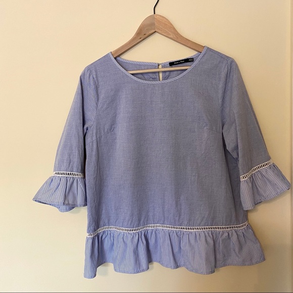 Doe & Rae Tops - Doe & Rae Blue Striped Peplum Bell Sleeve Tunic